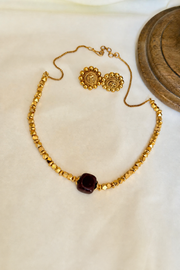 Square Raw Stone Necklace with Earrings — MAROON