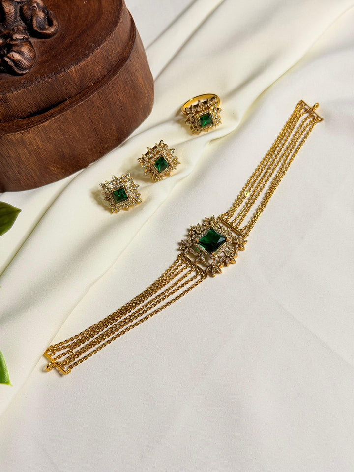 Six-Layer Square Pendant AD Stone Necklace with Earrings and Ring