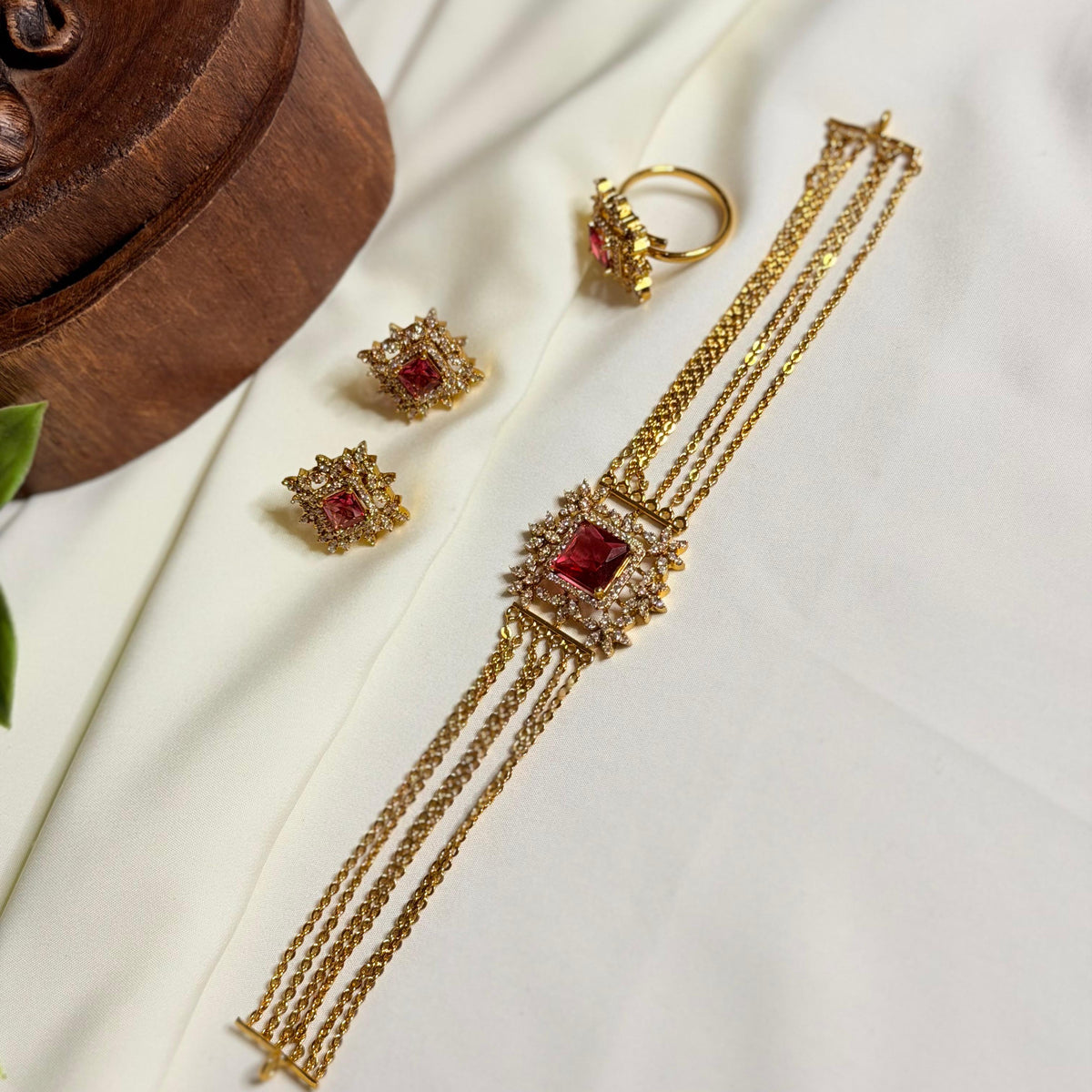 Six-Layer Square Pendant AD Stone Necklace with Earrings and Ring