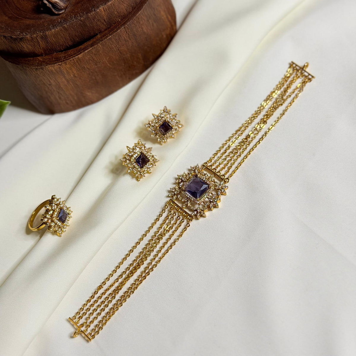 Six-Layer Square Pendant AD Stone Necklace with Earrings and Ring