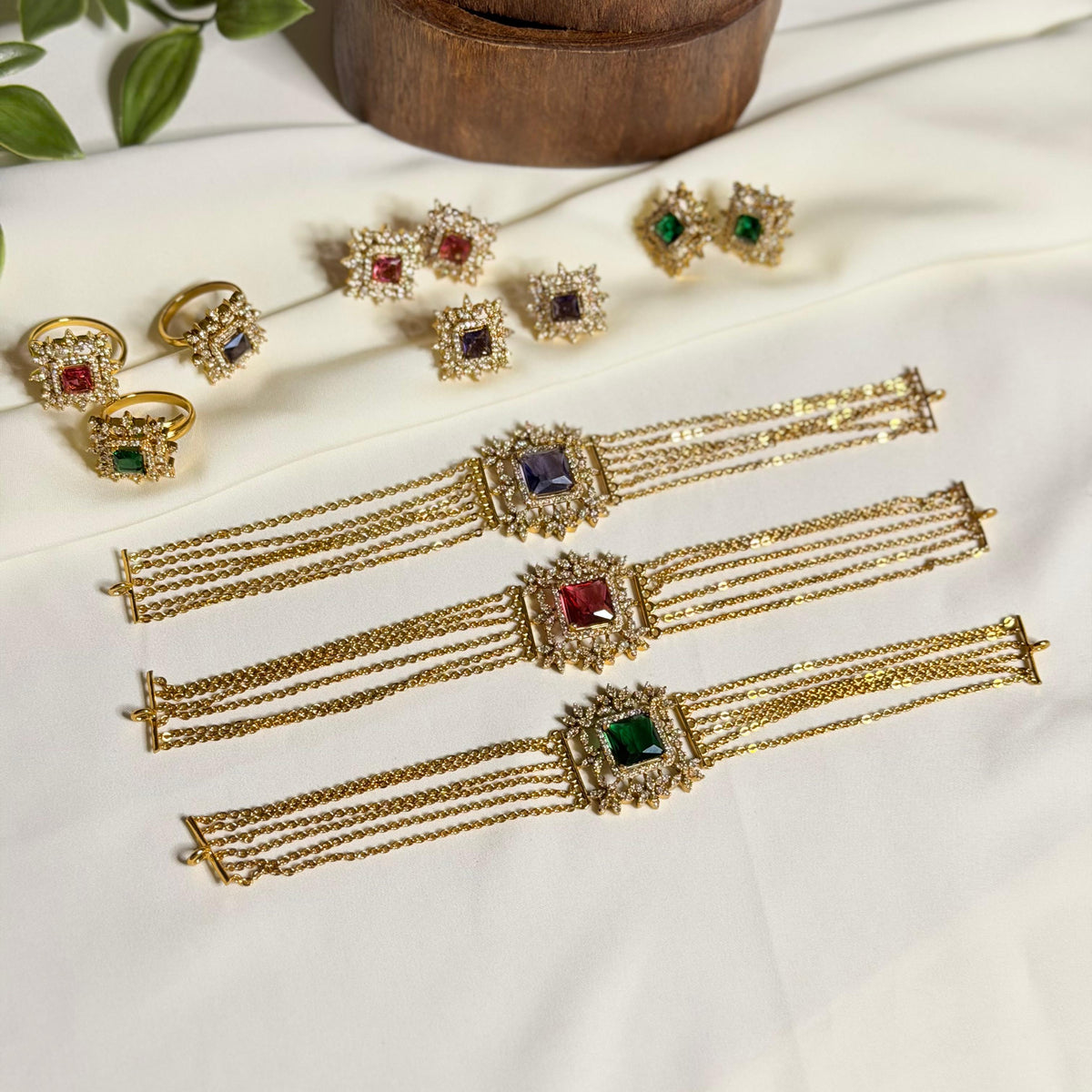 Six-Layer Square Pendant AD Stone Necklace with Earrings and Ring
