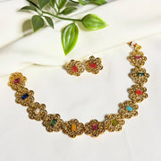 Floral Necklace with Glossy Stones