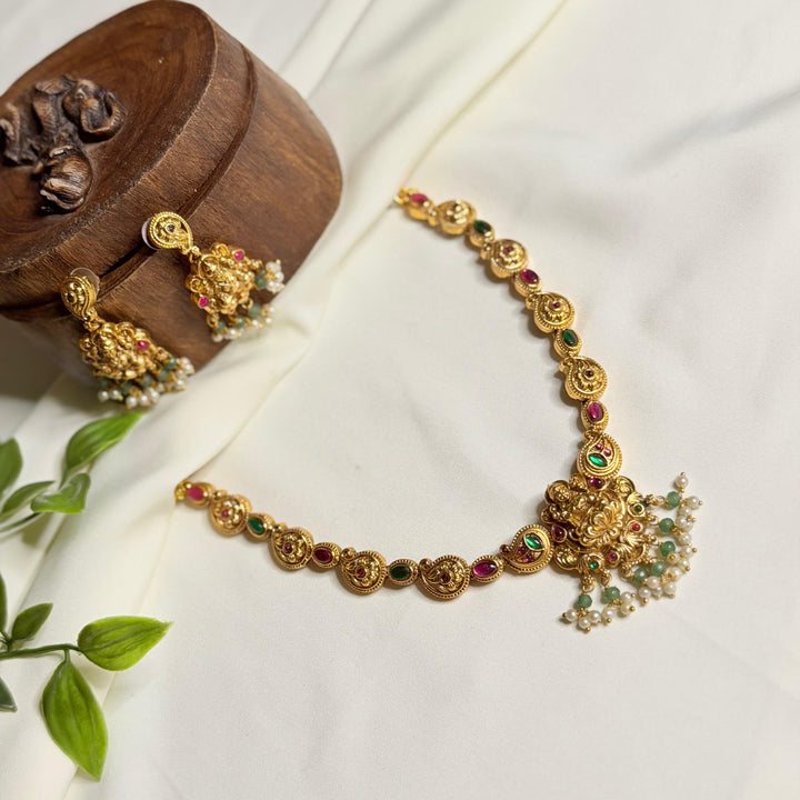 Premium Lakshmi Necklace with Green and Pink Stones with Earrings