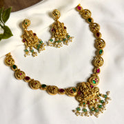 Premium Lakshmi Necklace with Green and Pink Stones with Earrings