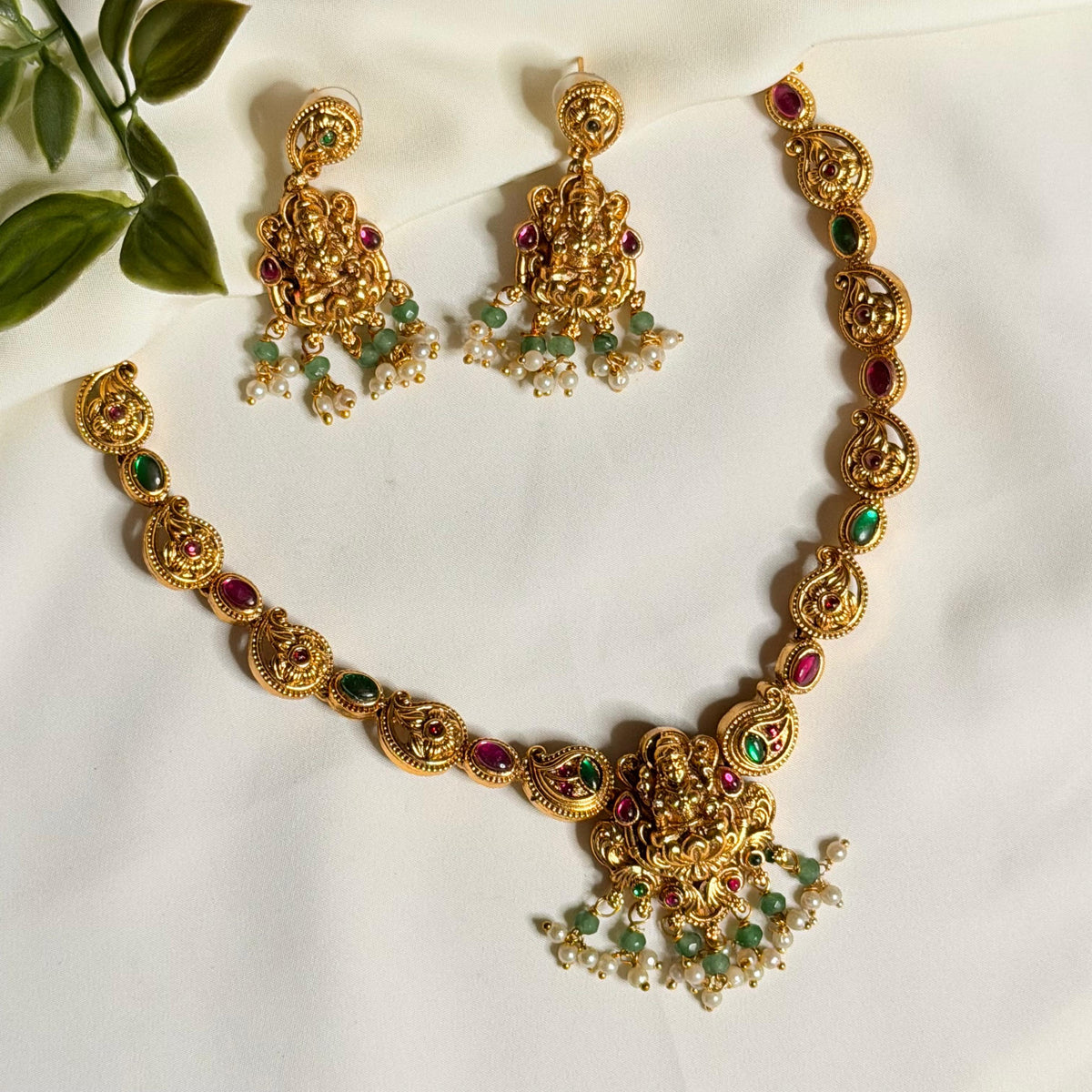 Premium Lakshmi Necklace with Green and Pink Stones with Earrings